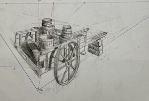 Charrette en perspective à 2 points de fuite